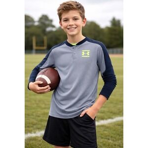 Under Armour Boys YLG Long Sleeve Henley Shirt Gray Navy HeatGear Loose Fit